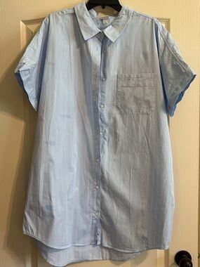 Light Blue Pinstripe Short-Sleeve Button-Up Shirt Dress